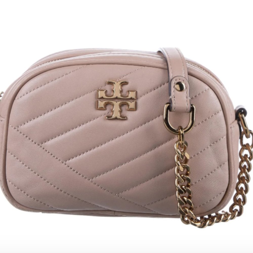 Tory Burch Kira Chevron quilted gray small camera crossbody shoulder bag